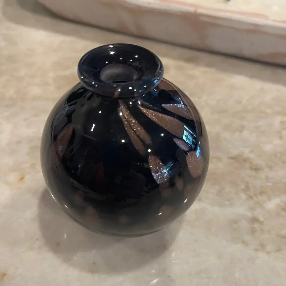 Vintage Murano Bud Vase Black and Gold 3-1/2” blown glass